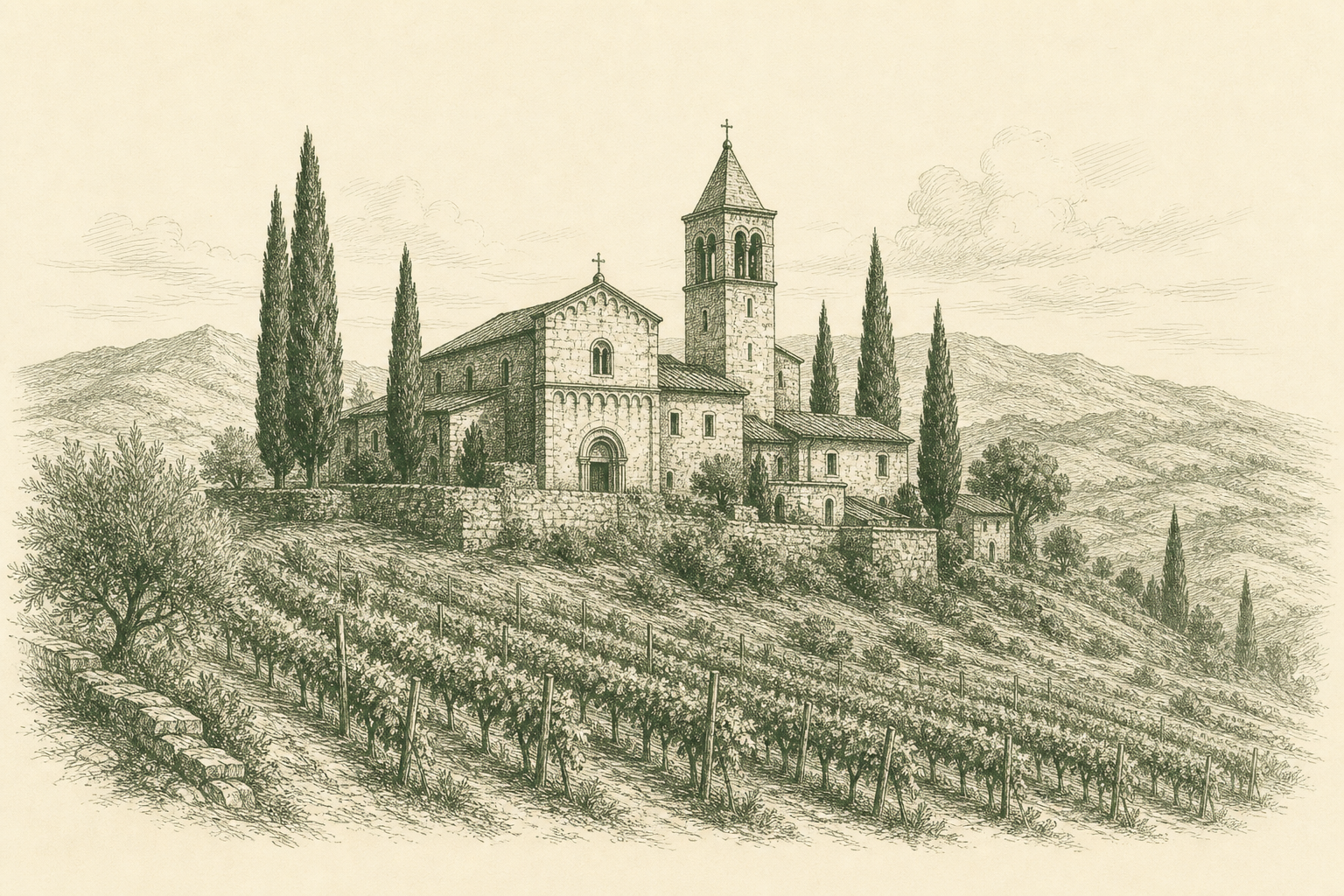 Monastery hillside engraving