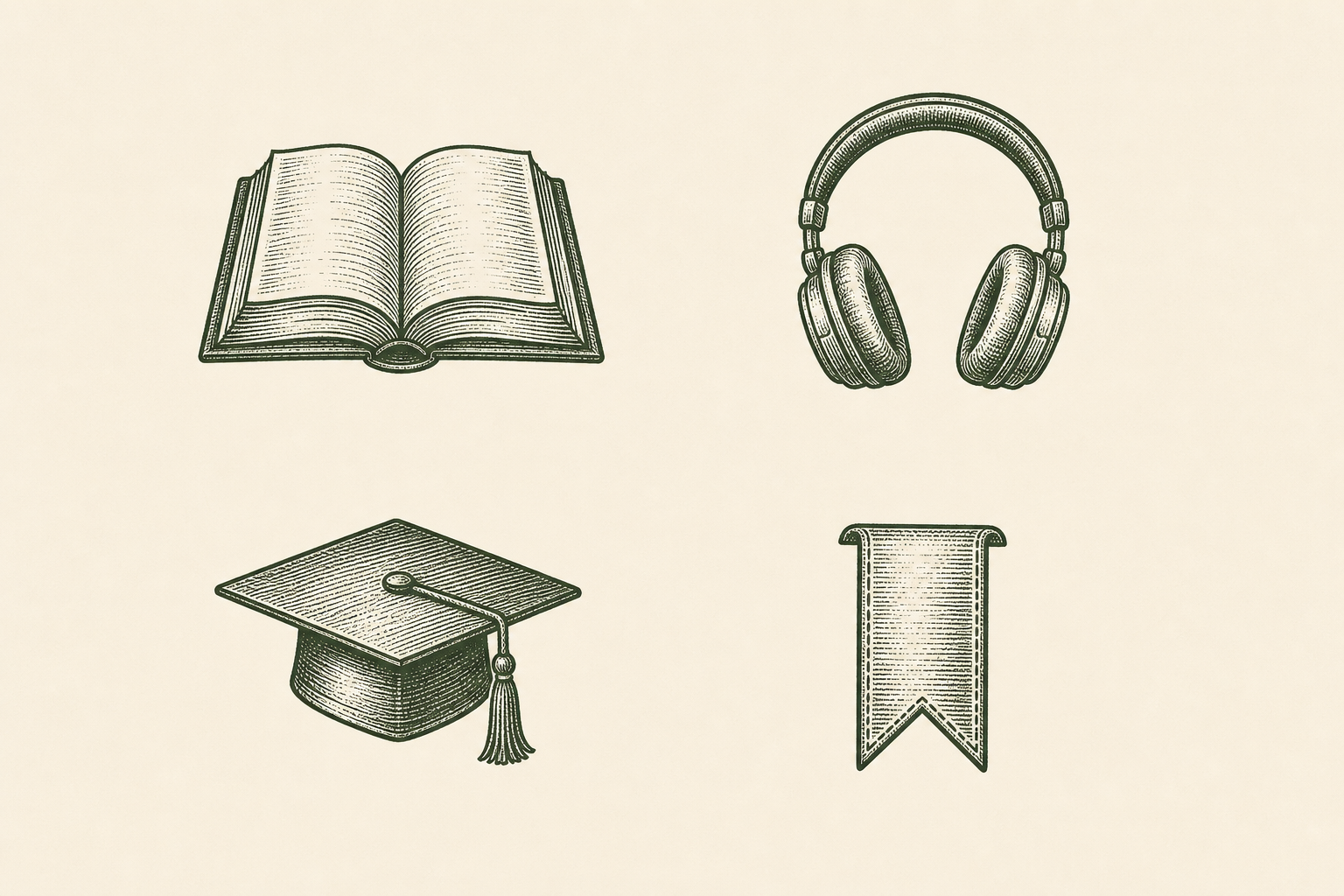 Engraved icon set: book, headphones, cap, bookmark