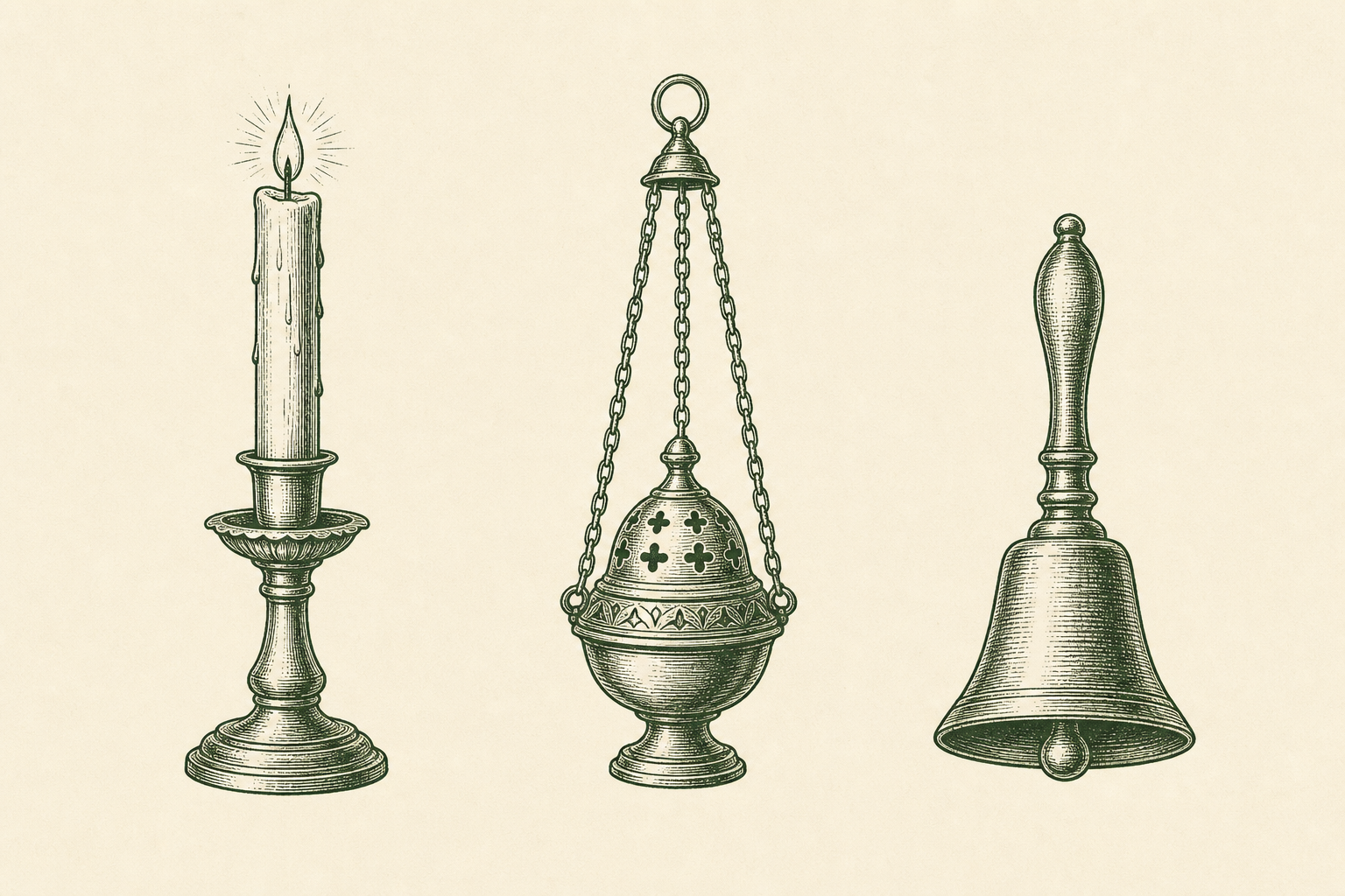 Liturgical objects: candle, censer, bell